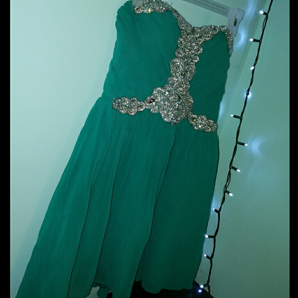 Strapless teal jeweled homecoming dress